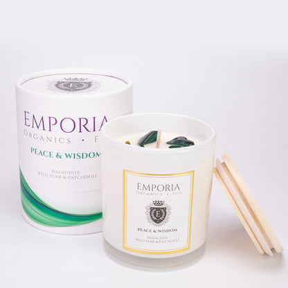 Emporia Organics Sklenená Sviečka: Fiji - POKOJ & MÚDROSŤ, s Malachitom, s vôňou divokej hrušky a pačuli, 100% sójový vosk, 230 g