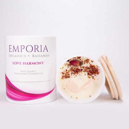 Emporia Organics Sklenená Sviečka: Bahamy - LÁSKA & HARMÓNIA, s Ruženínom, s vôňou jahôd a šampanského, 100% sójový vosk, 230 g